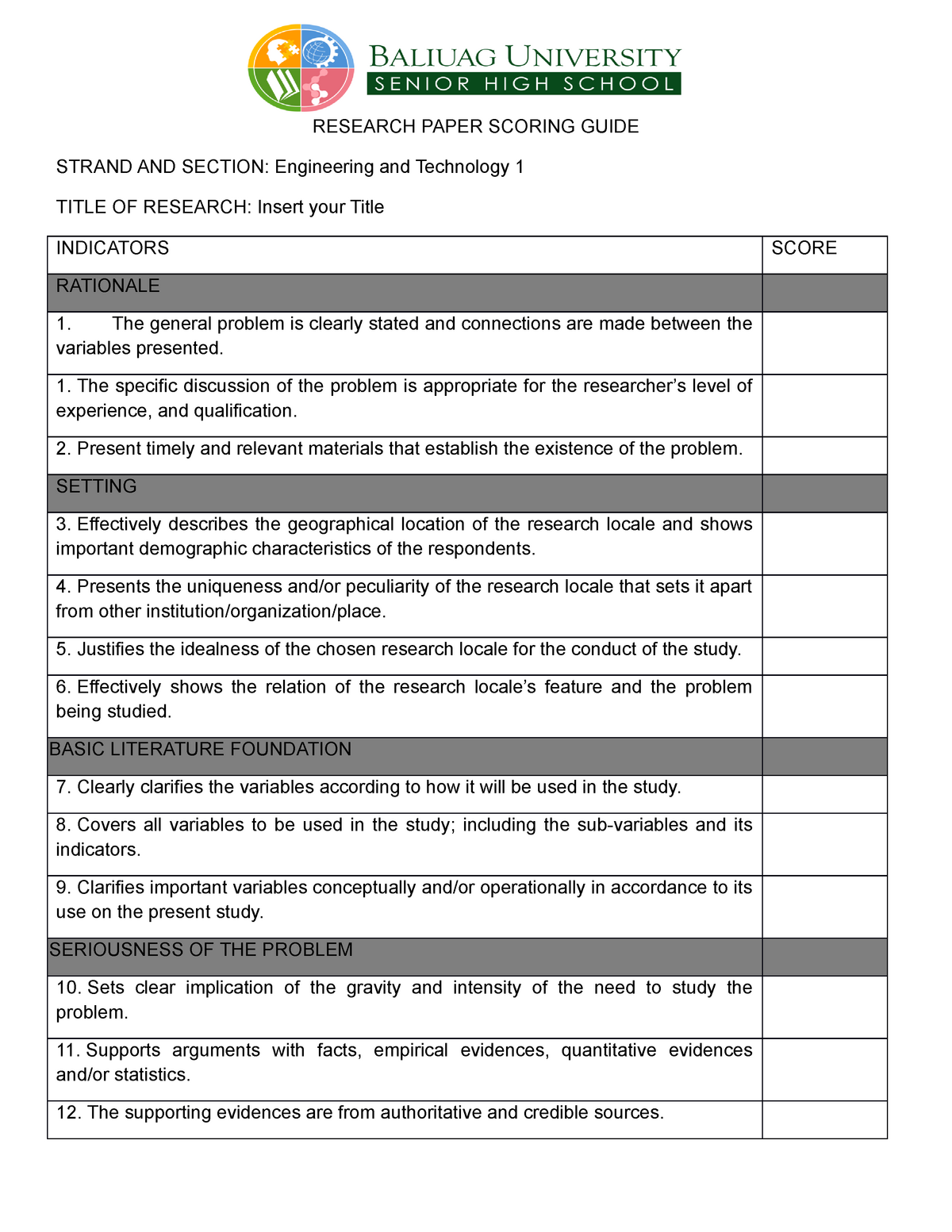  1 Research Paper Scoring Guide RESEARCH PAPER SCORING GUIDE STRAND 