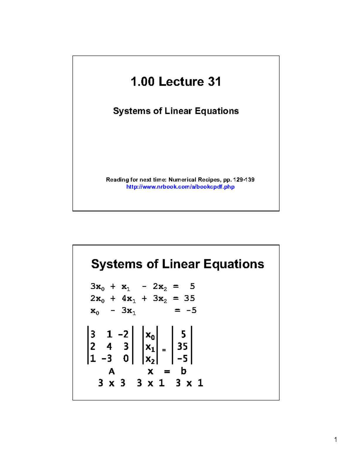 Linear Systems (PDF) Lec 31 1 Lecture 31 Systems of Linear Equations