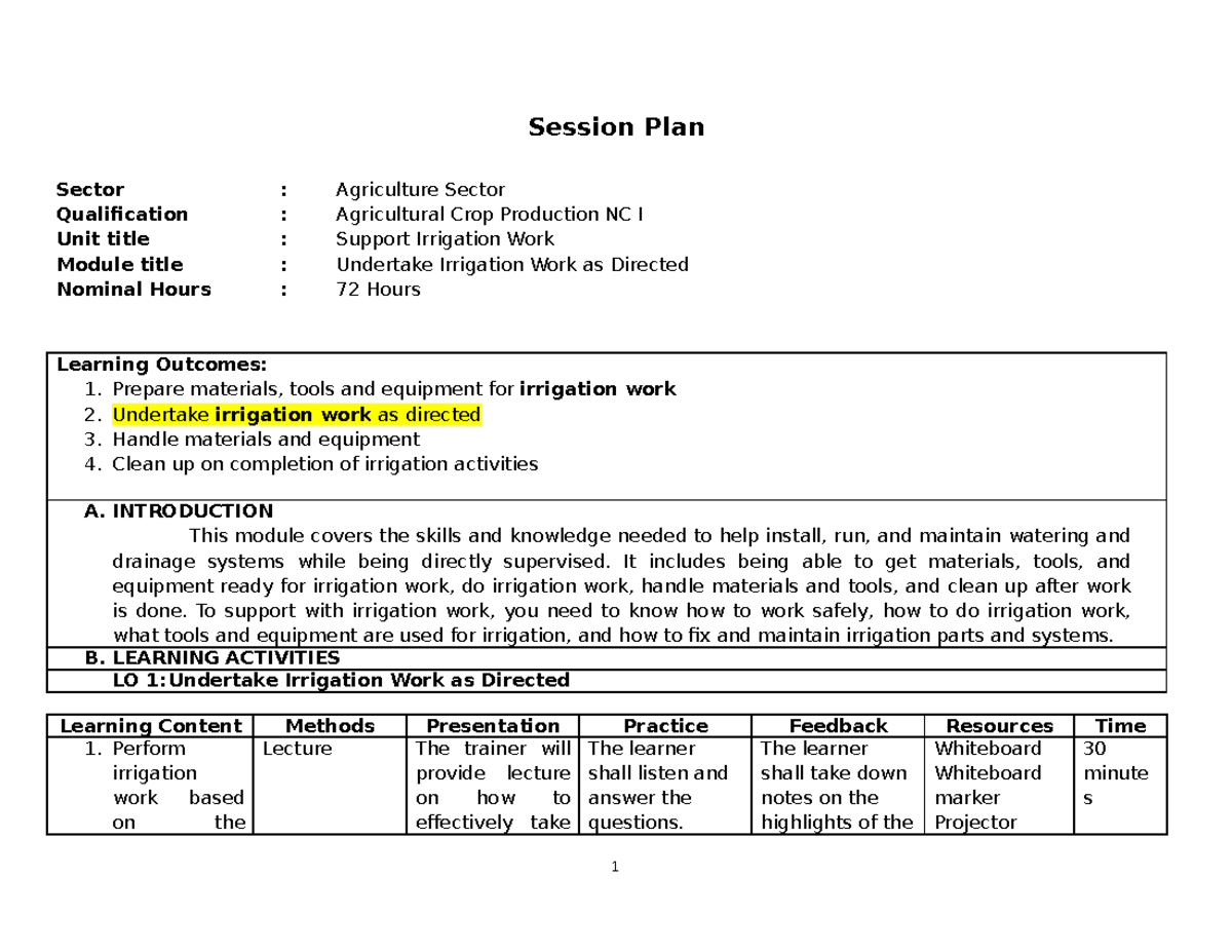 Session Plan on Irrigation Work Session Plan Sector Agriculture