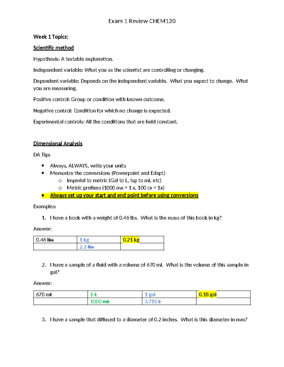 CHEM120 Exam 1 Review Guide - Week 1 Topics: Scientific method ...