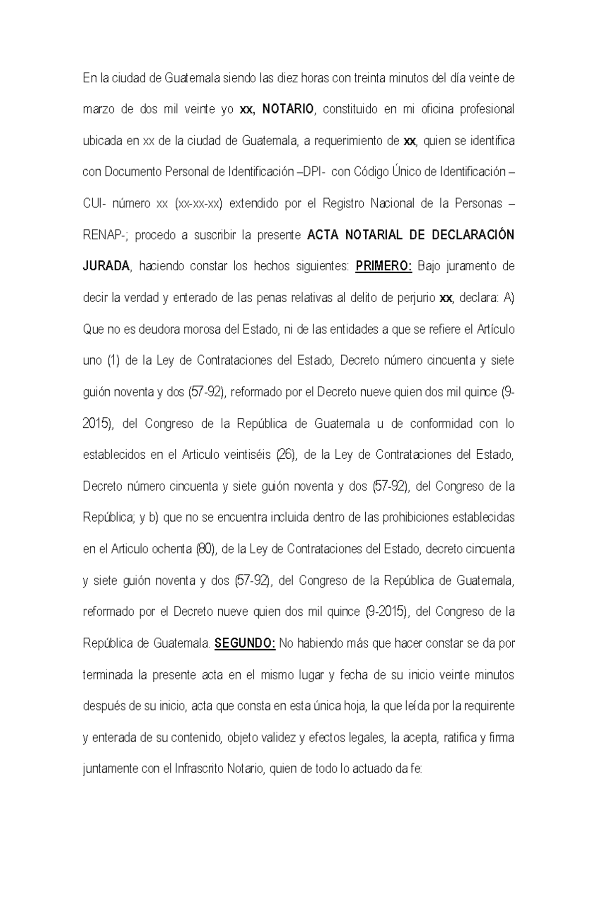 Declaración jurada que no es deudor del estado - En la ciudad de ...