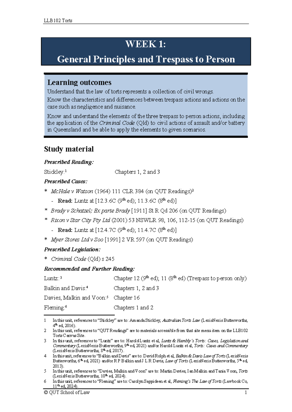 LLB102 Study Materials Week 1 - WEEK 1: General Principles and Trespass ...