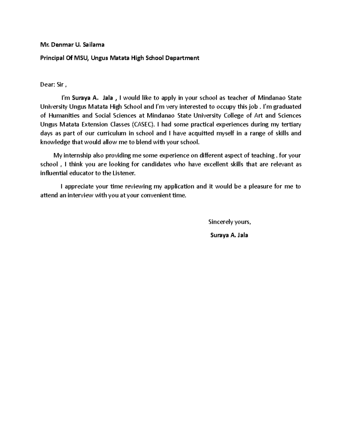 Application letter - Mr. Denmar U. Sailama Principal Of MSU, Ungus ...