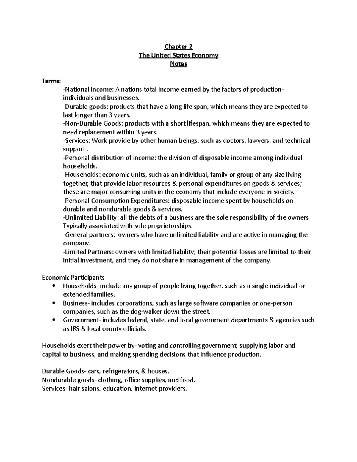 Chapter 2 Notes - Chapter 2 The United States Economy Notes Terms ...