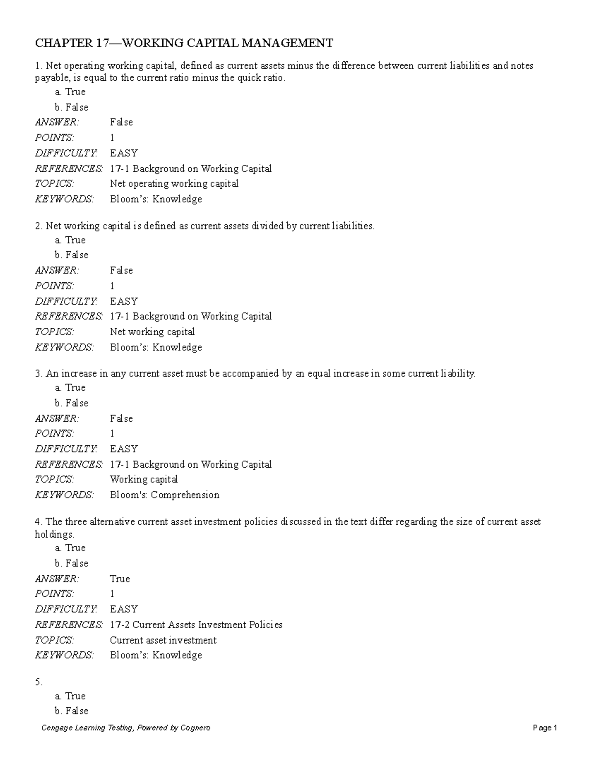 Chapter 17 Working Capital Management Net operating working capital