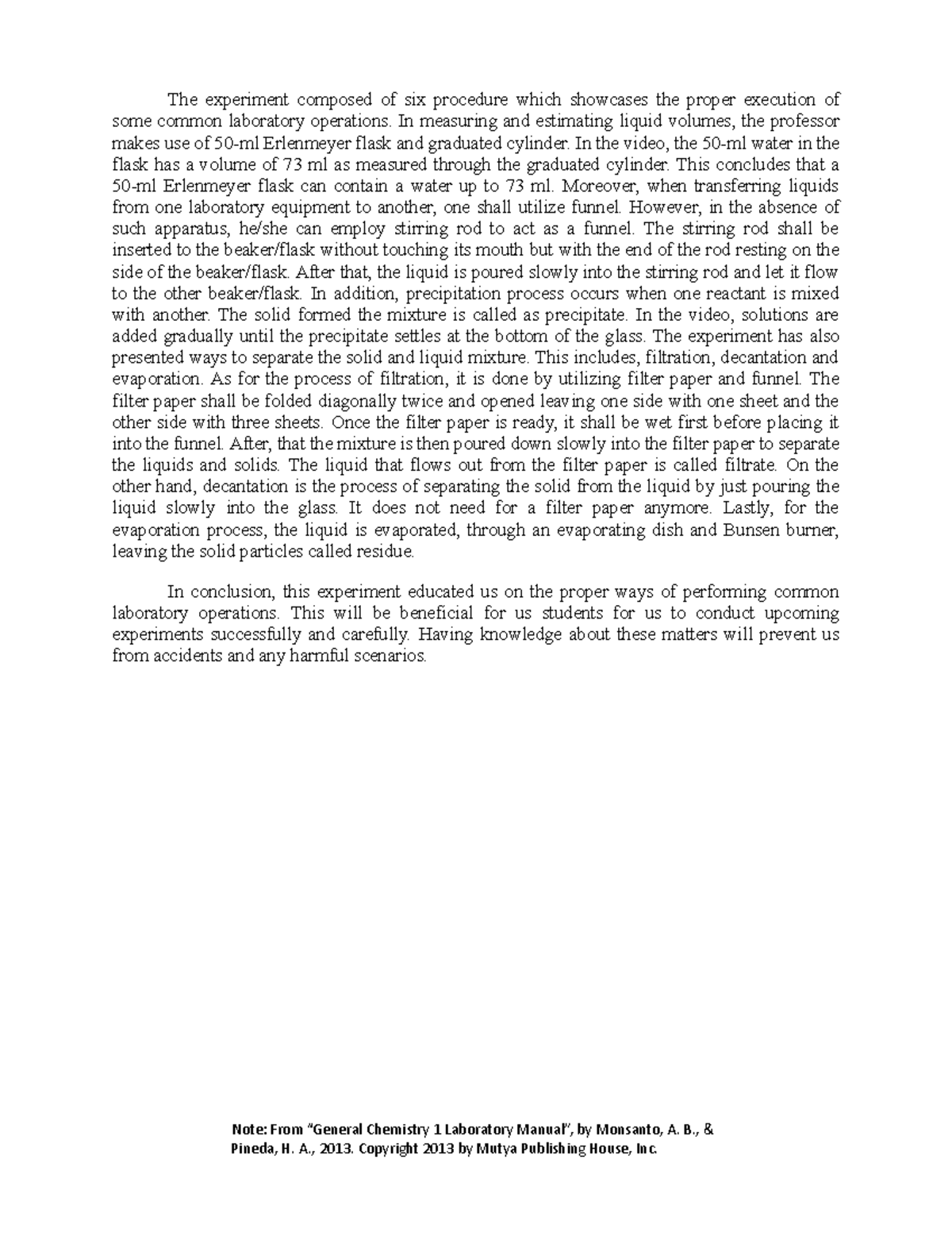 Conclusion common lab operations summary The experiment composed of