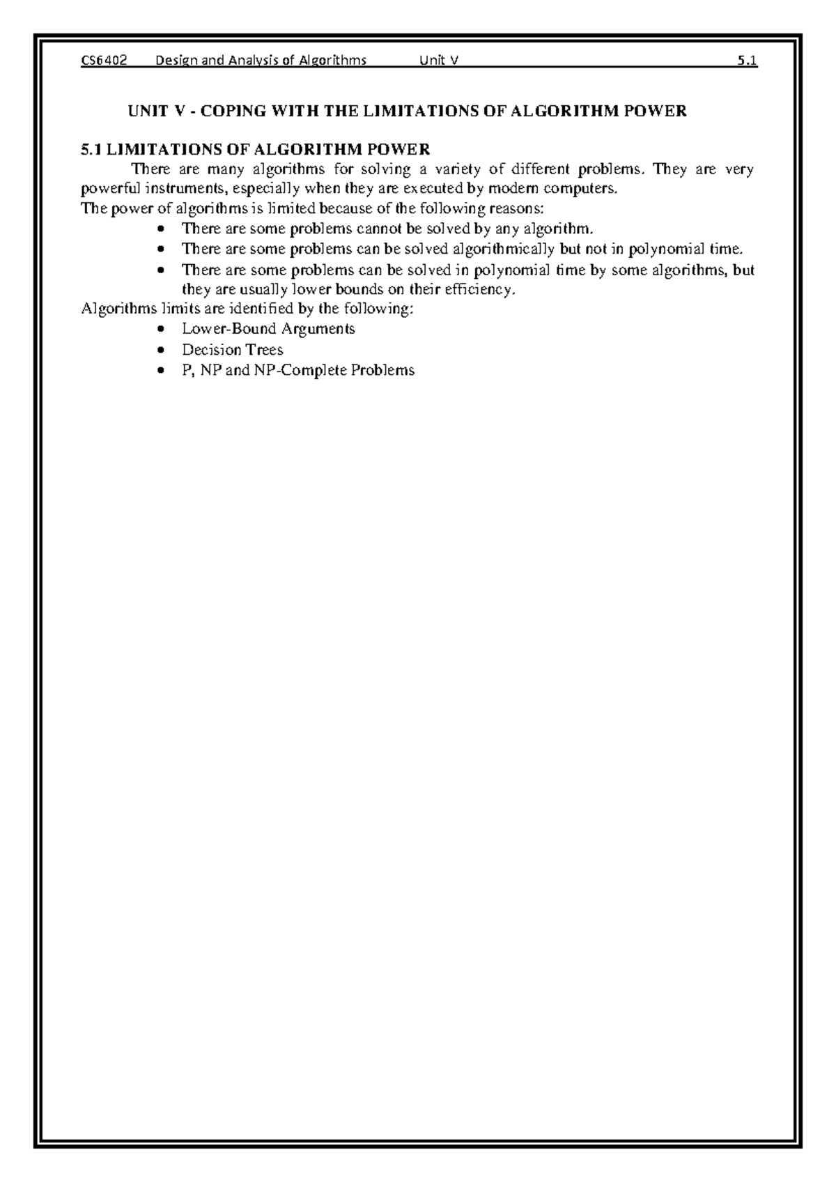 Mod-5 - BCS401 - UNIT V - COPING WITH THE LIMITATIONS OF ALGORITHM ...