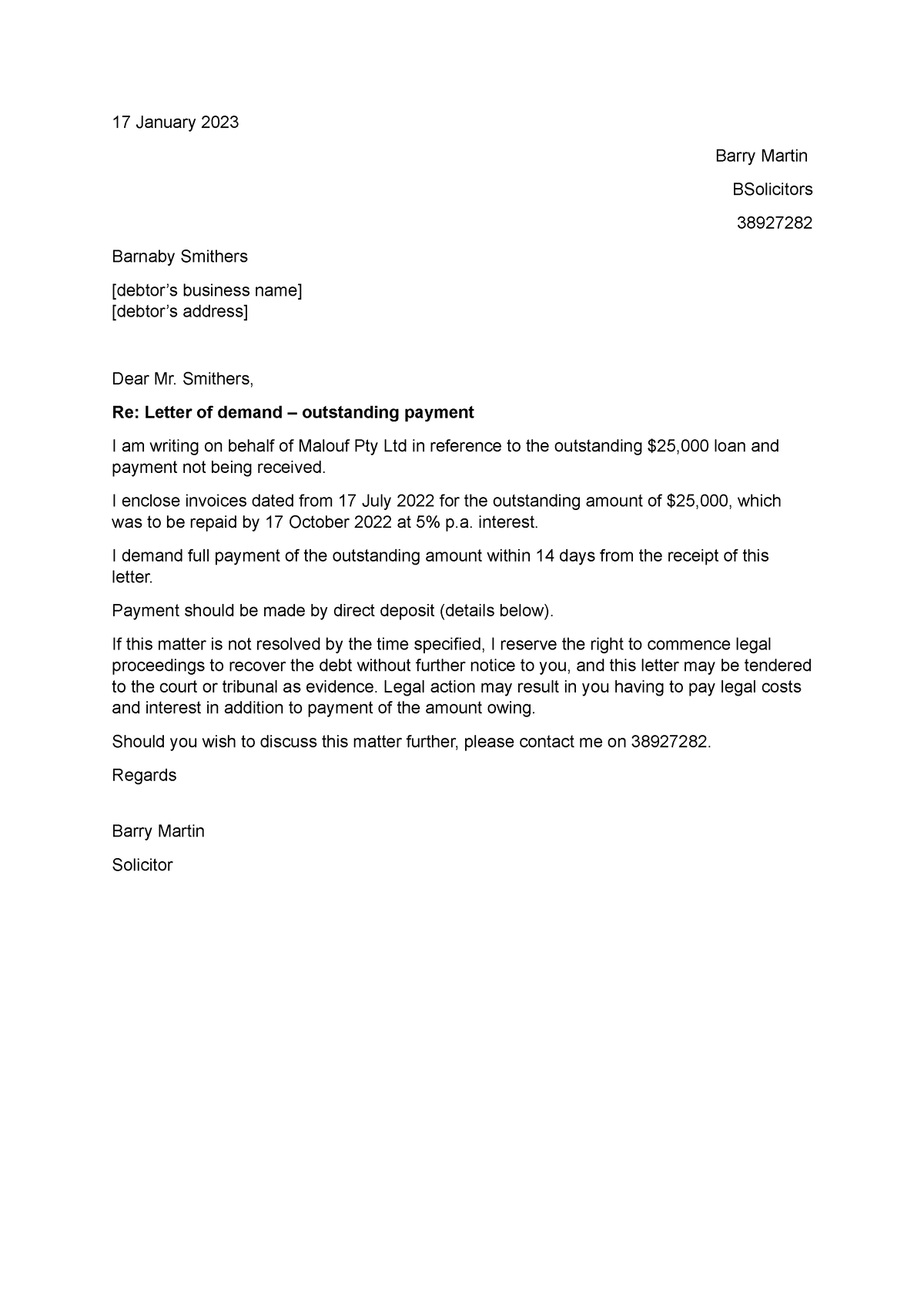 Letter of demand outstanding payment template - 17 January 2023 Barry ...