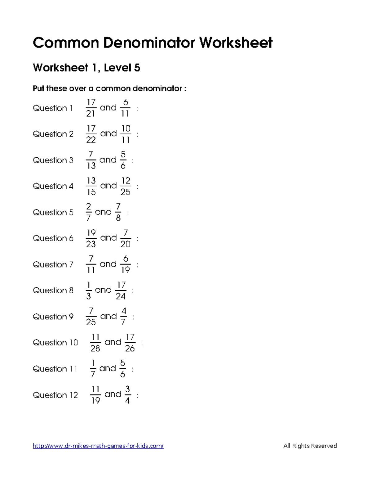 Advanced common-denominator - Worksheet 1, Level 5 Put these over a ...