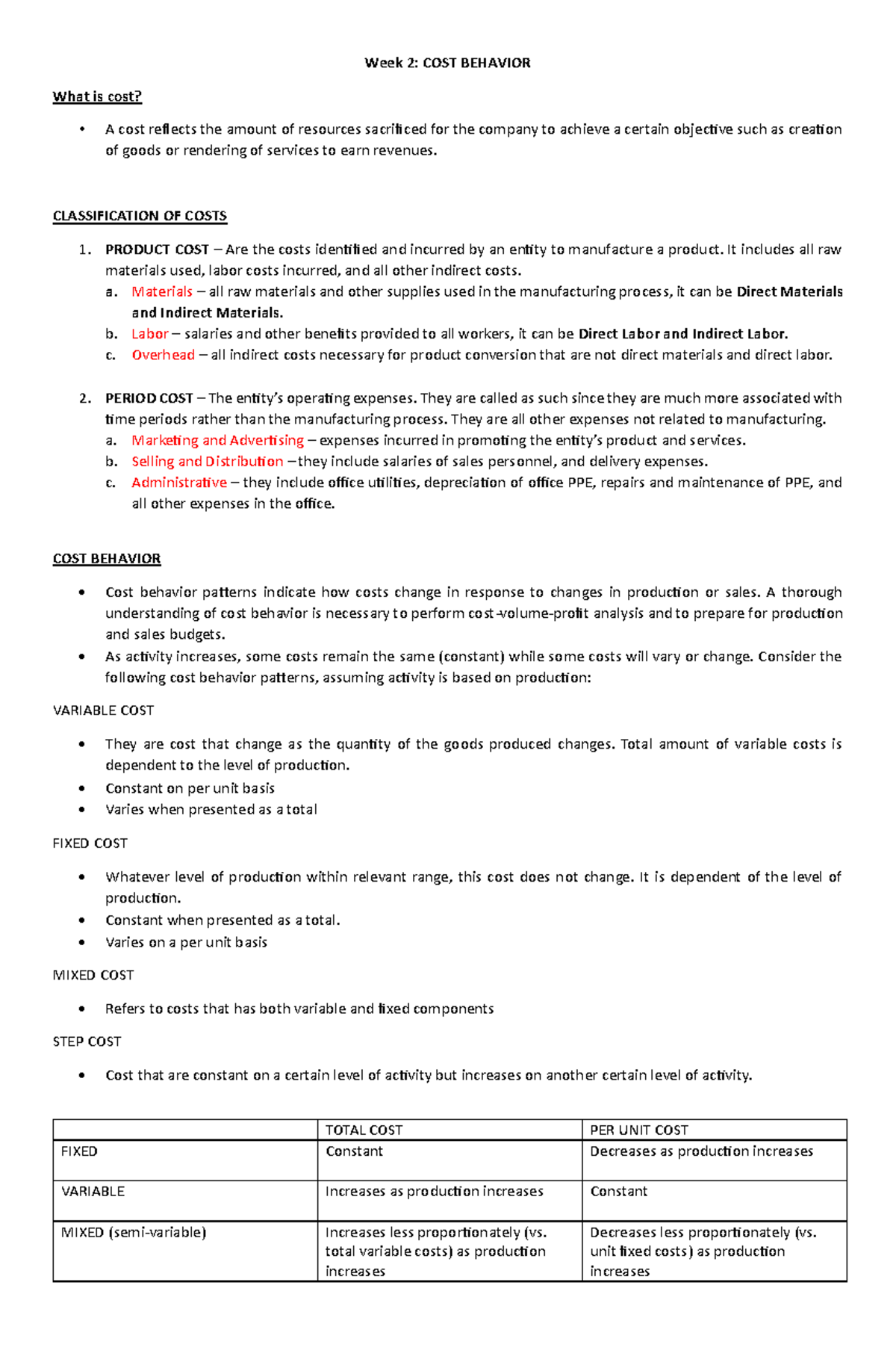 Week 2 - Cost Behavior - MAS - Week 2: COST BEHAVIOR What is cost? A ...