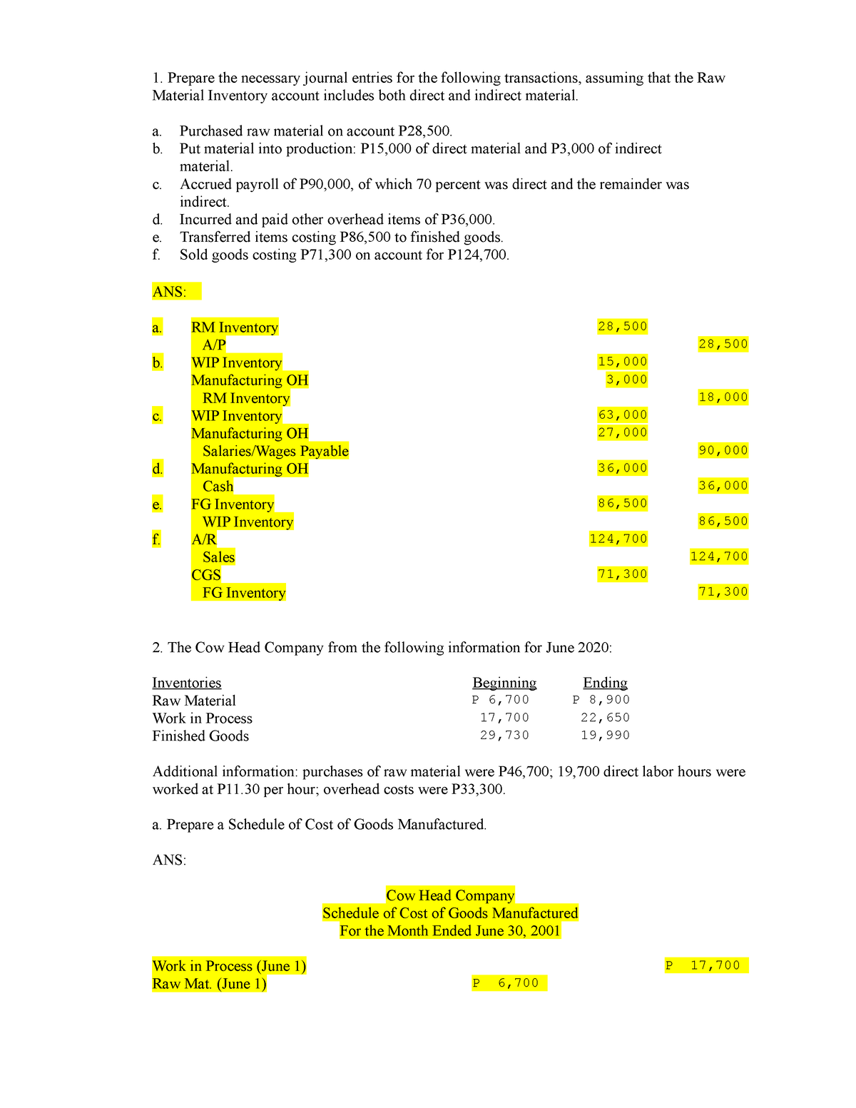 Manufacturing Exercises- Answers - Prepare the necessary journal ...