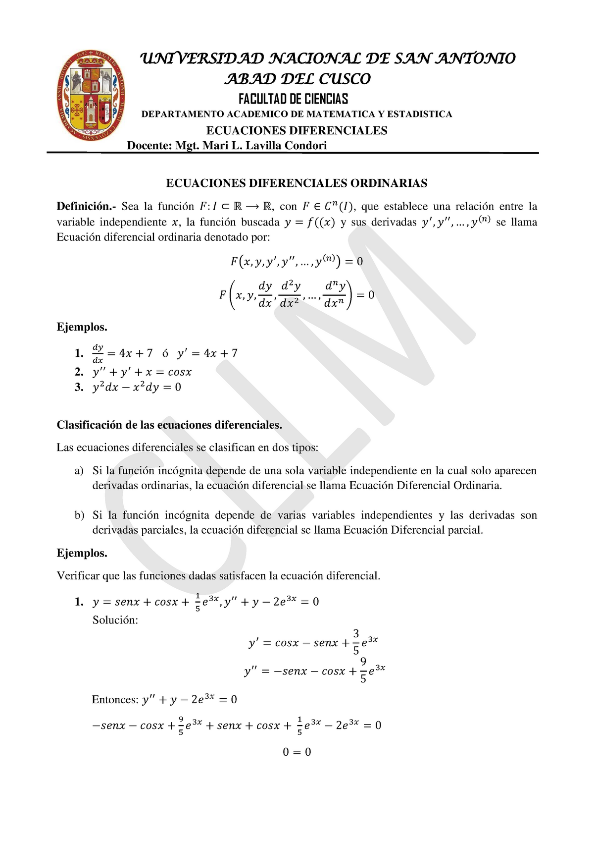 1 Ecuaciones Diferenciales Ordinarias ECUACIONES DIFERENCIALES Una ...