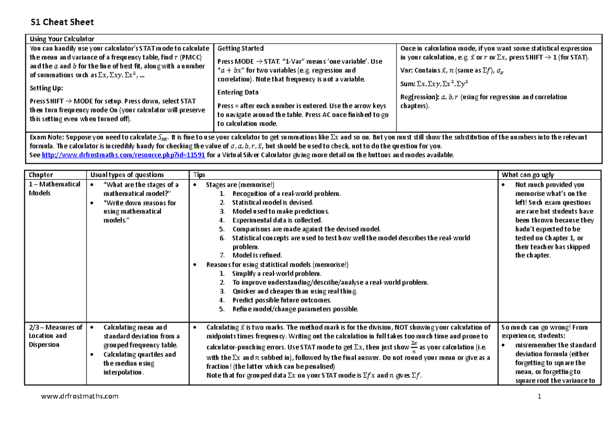 S1Cheat Sheet - Statistics - S1 Cheat Sheet Using Your Calculator You ...