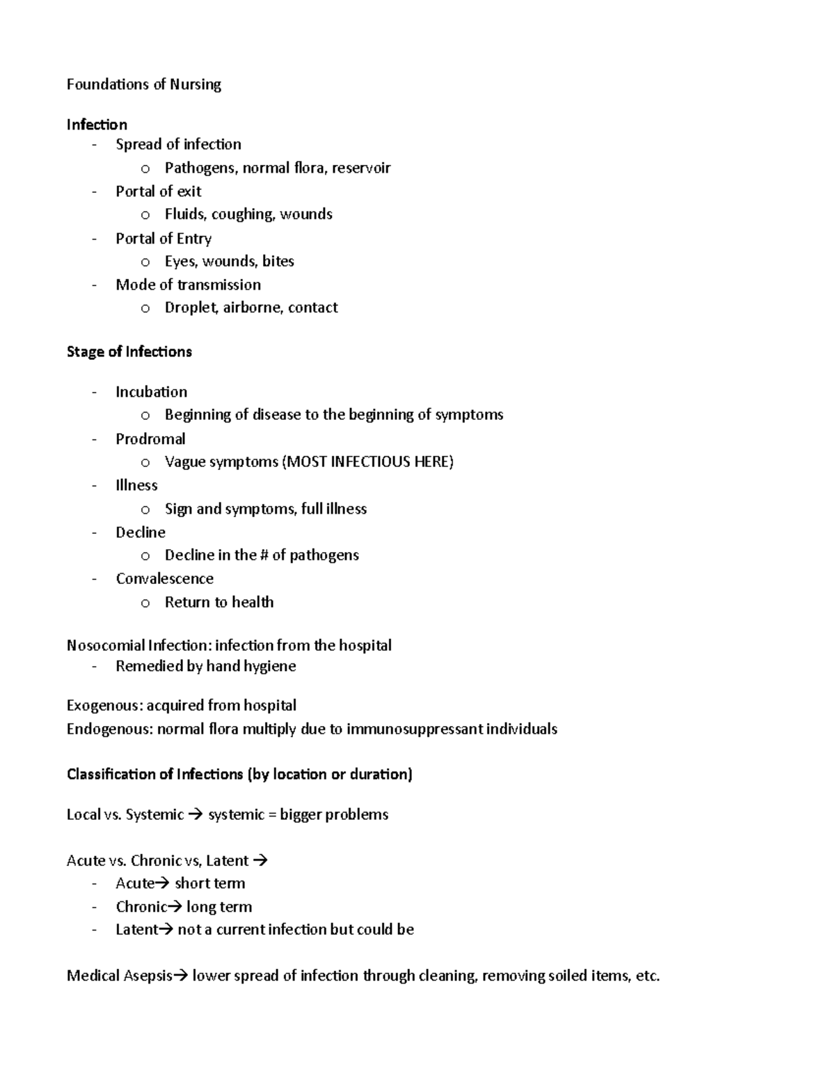 Foundations of Nursing Notes - Foundations of Nursing Infection ...