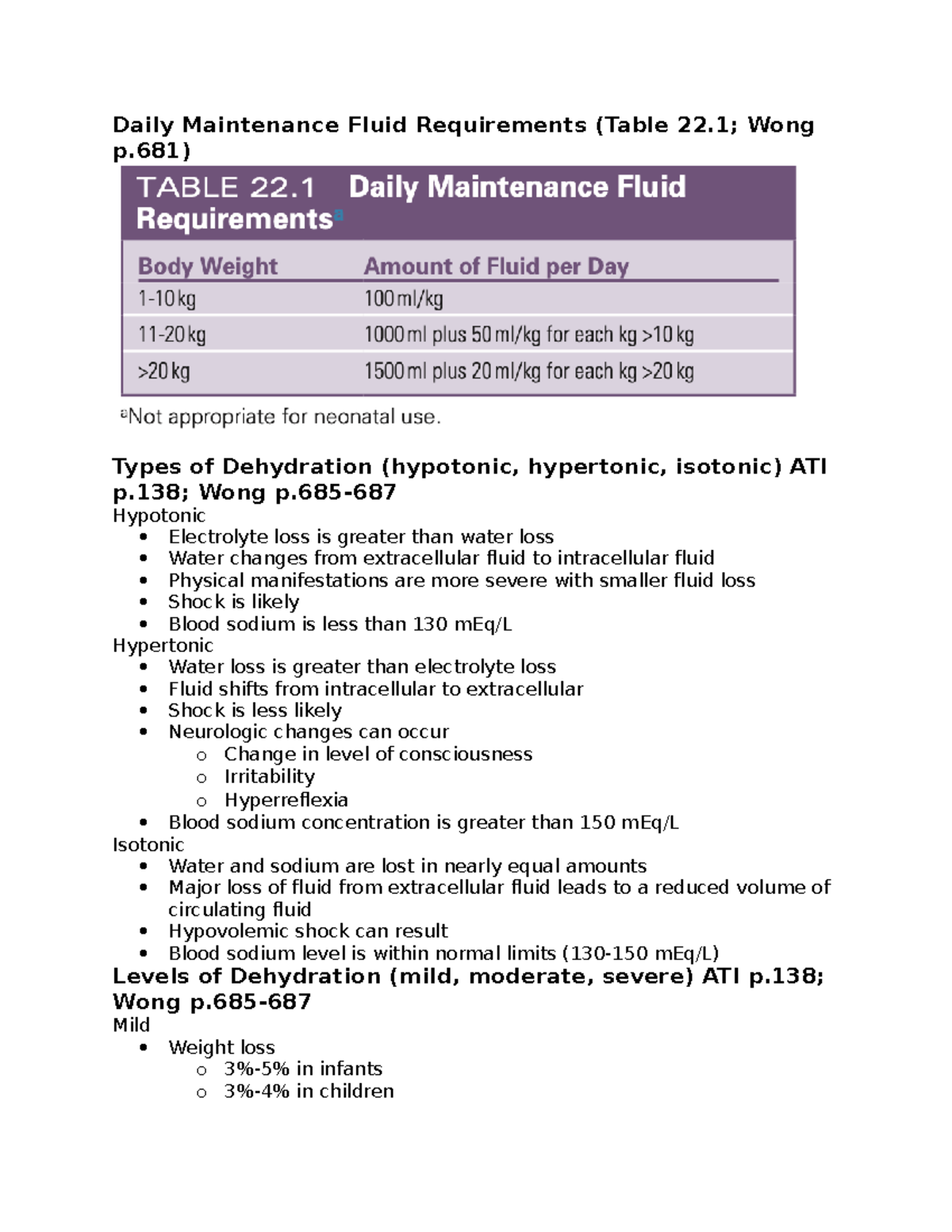 Week 4 Notes Daily Maintenance Fluid Requirements (Table 22; Wong p