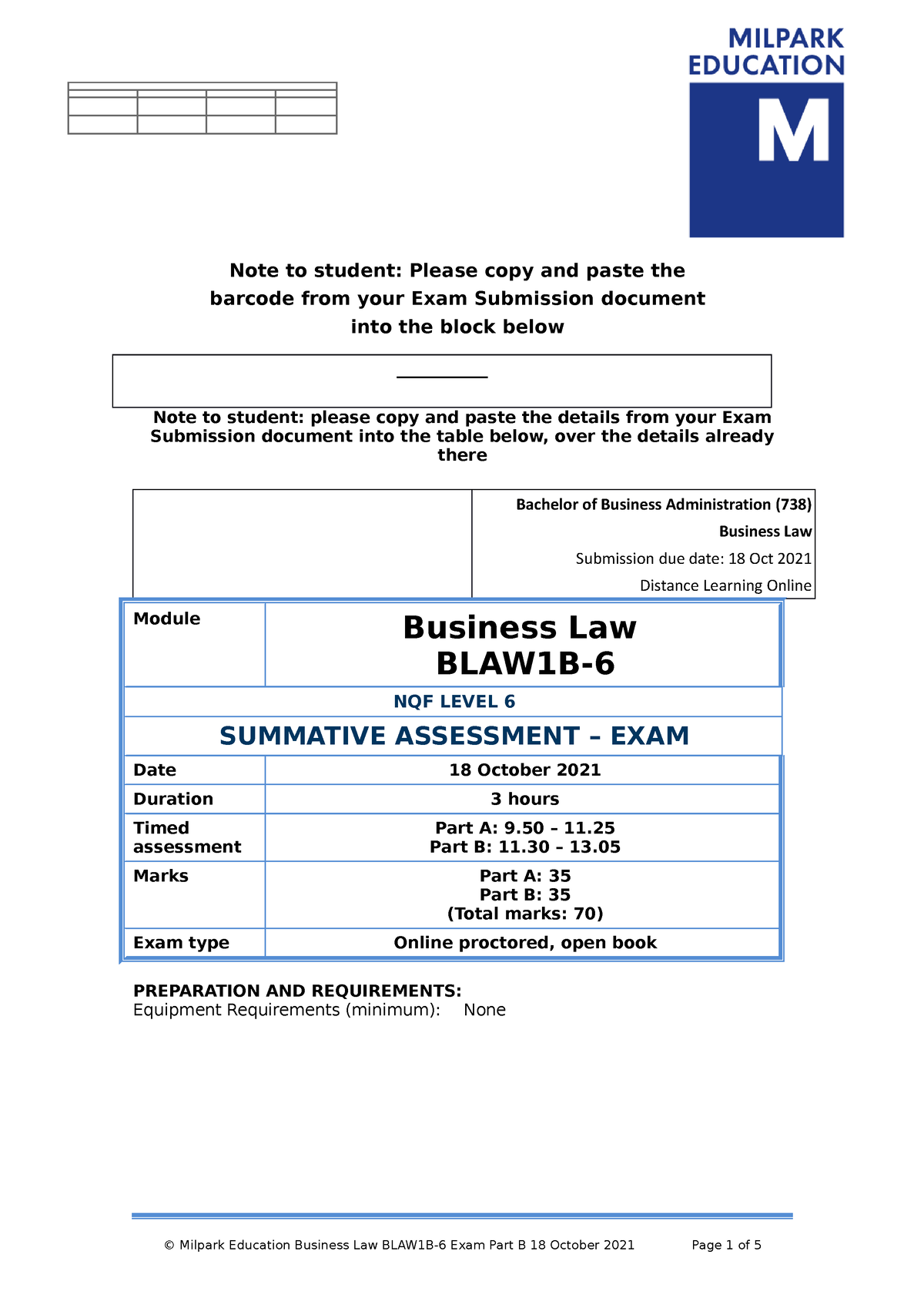 BLAW ASSIGNMENT - Note To Student: Please Copy And Paste The Barcode ...