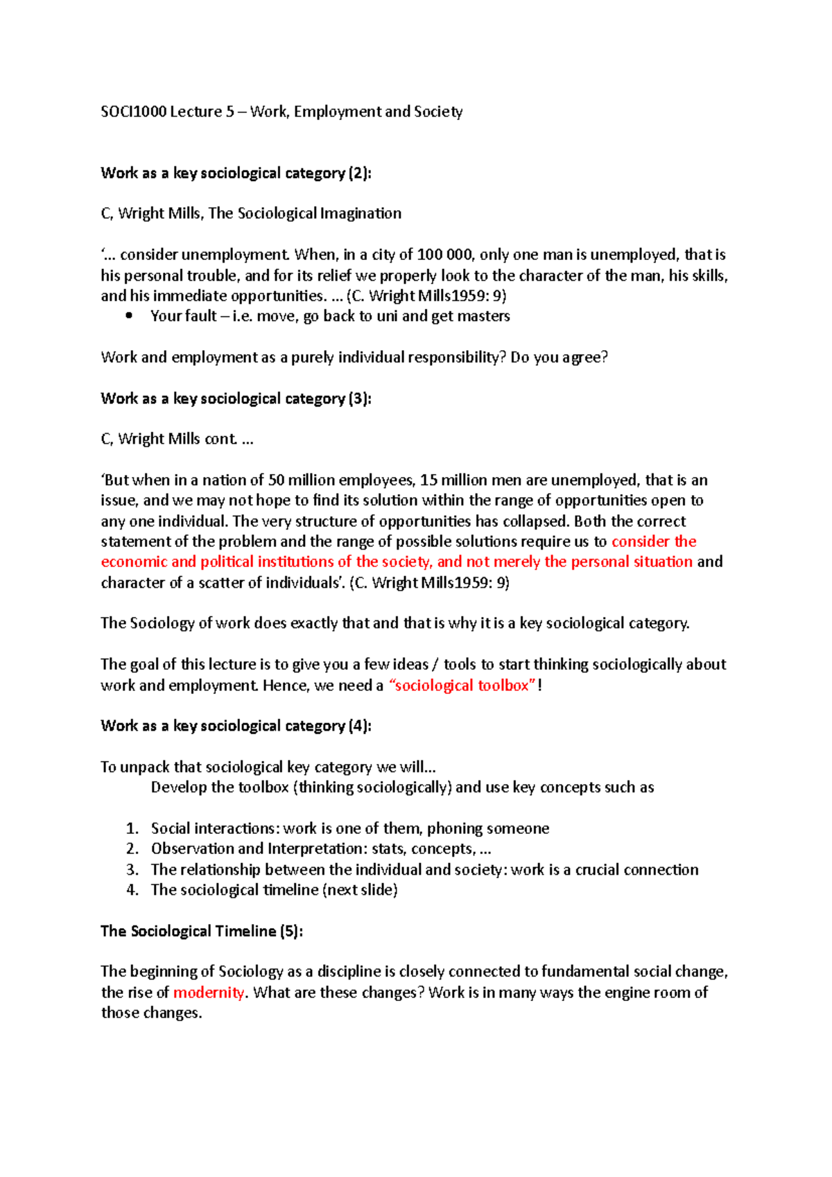 SOCI1000 Lecture notes week 5 - SOCI1000 Lecture 5 – Work, Employment ...