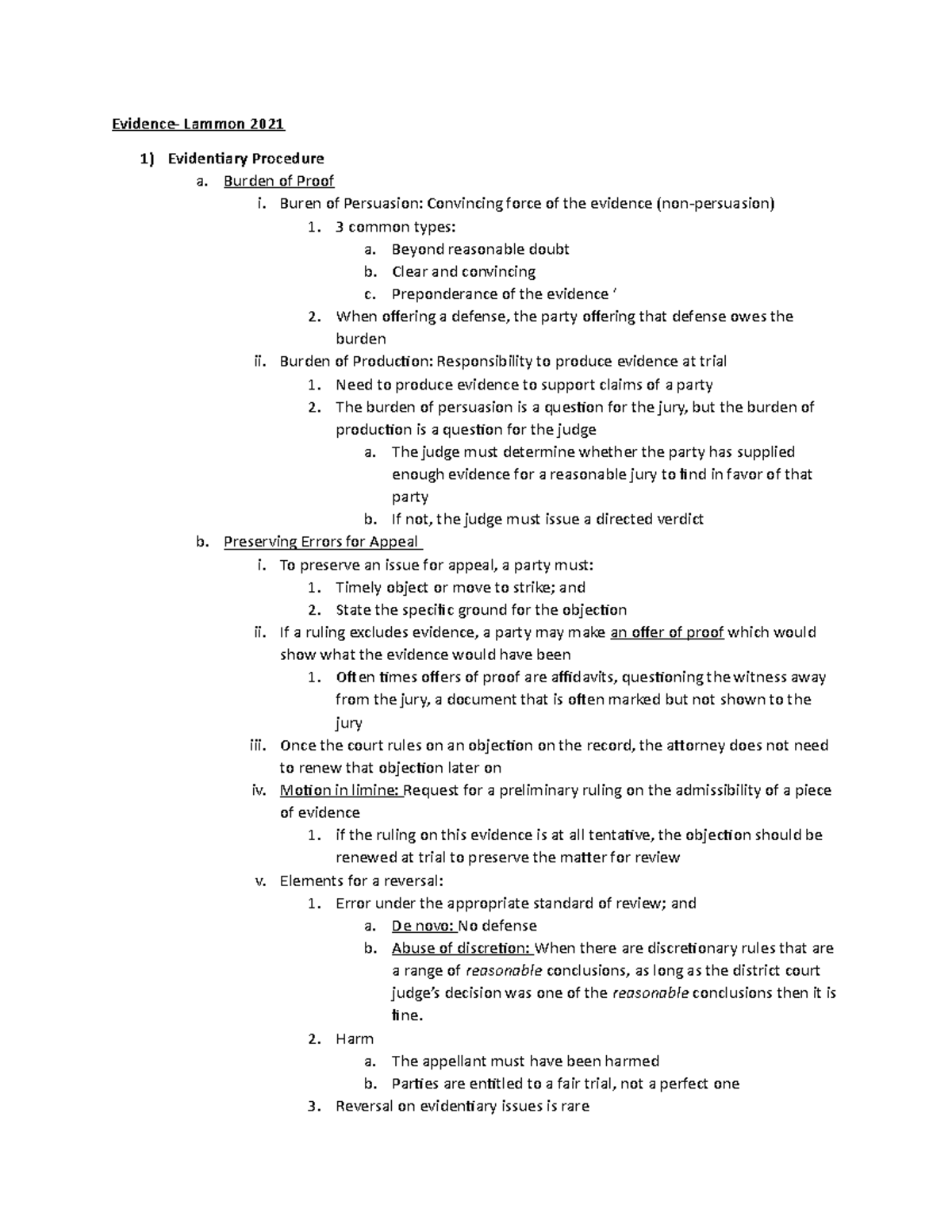 Fall 2021 Evidence outline - Evidence- Lammon 2021 Evidentiary ...