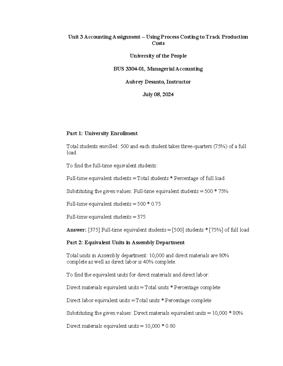Unit 3 A.A Managerial Accounting - Unit 3 Accounting Assignment – Using ...