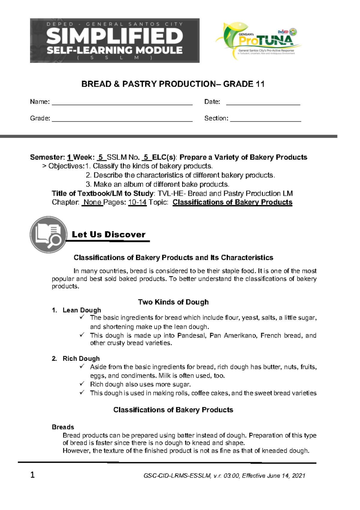 BPP11 SEM 1 SSLM 5 - notes - BREAD & PASTRY PRODUCTION– GRADE 11 Name ...