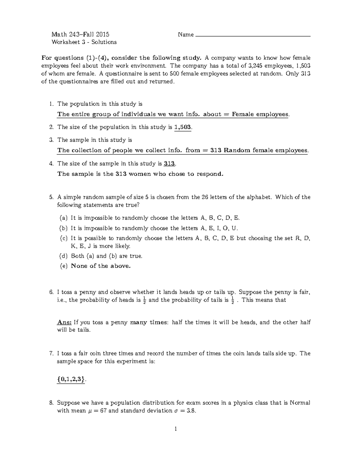 Worksheet 3Solutions Math 2015 Name Worksheet Solutions For questions