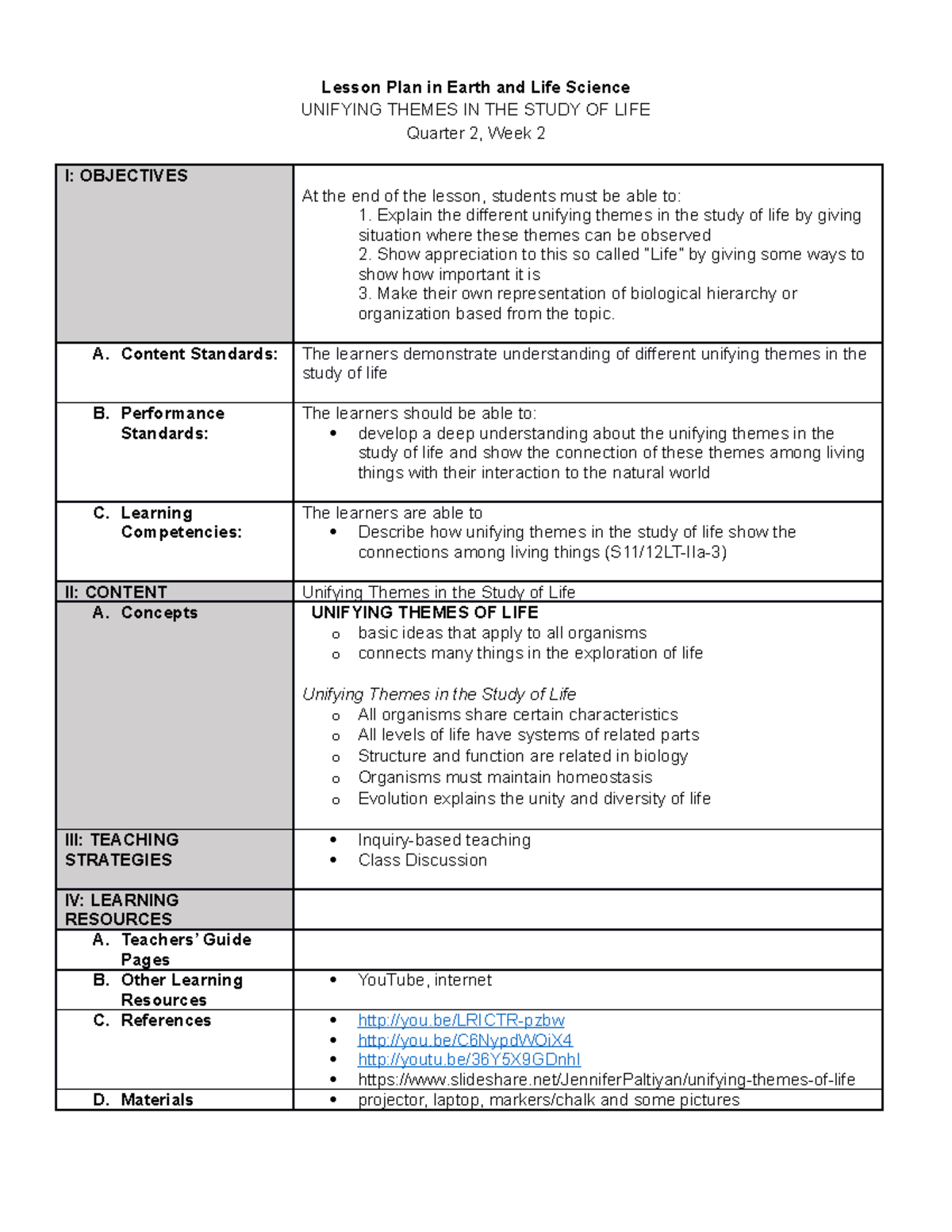 Unifying Themes IN THE Study OF LIFE - Lesson Plan in Earth and Life ...