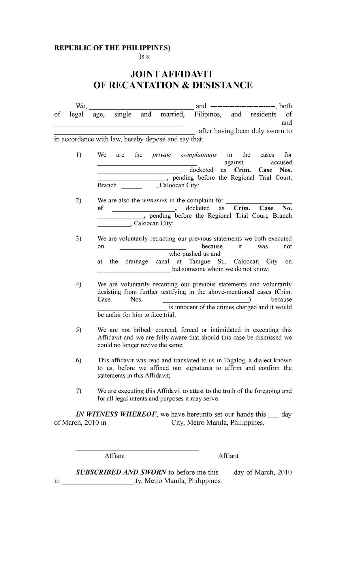 Affidavit Of Desistance Tagalog