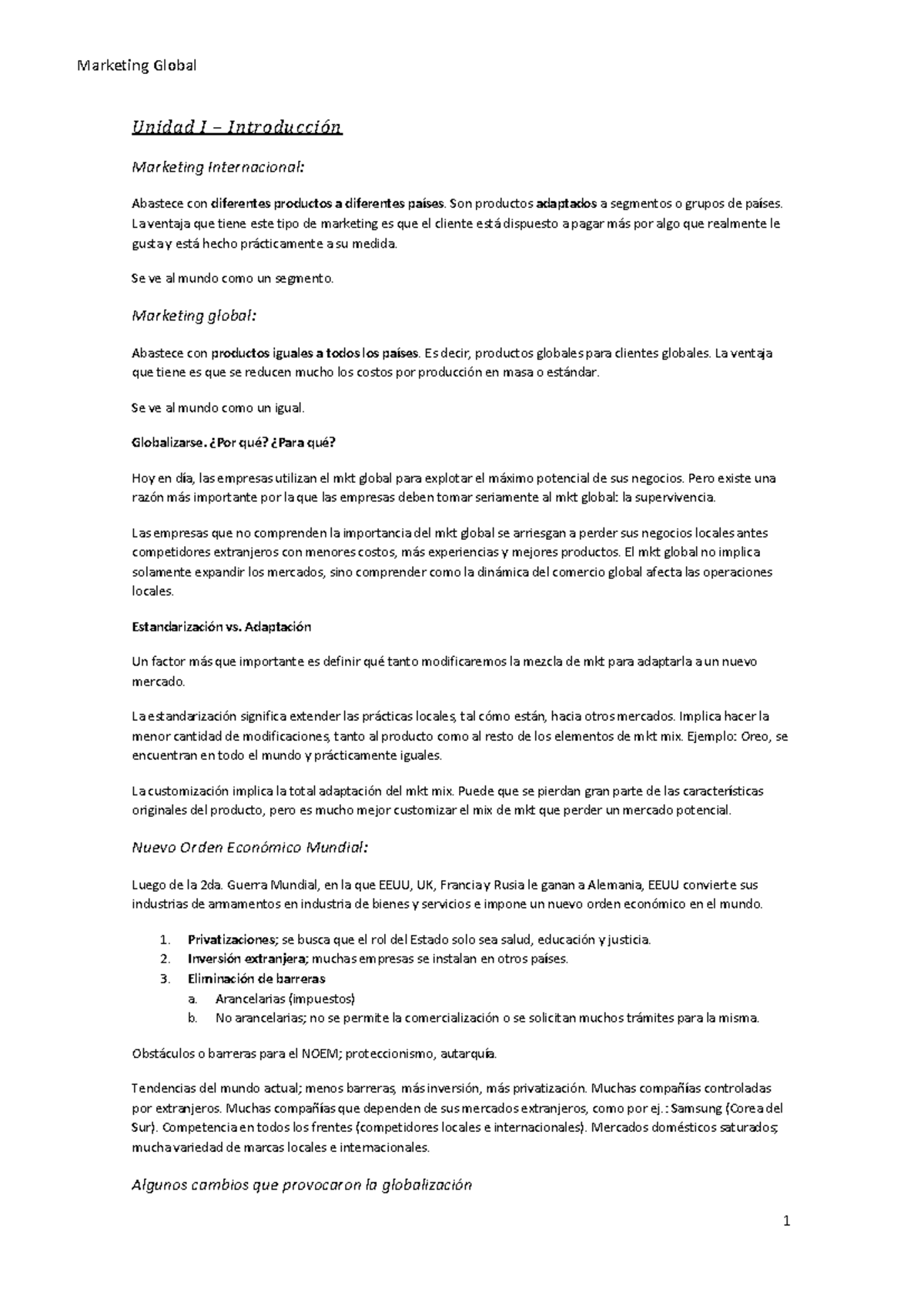 Resumen I - Marketing Global - Unidad I – Introducción Marketing ...