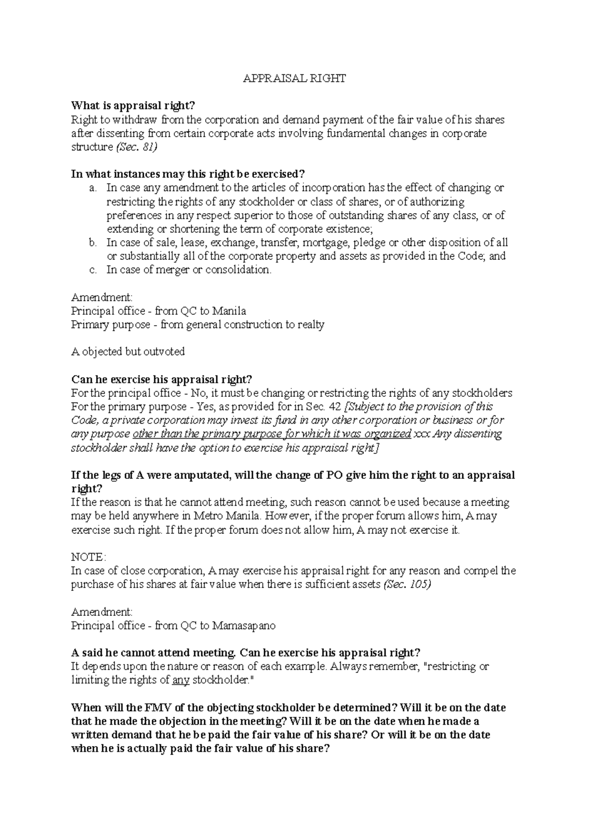 Appraisal-Right - notes - APPRAISAL RIGHT What is appraisal right ...
