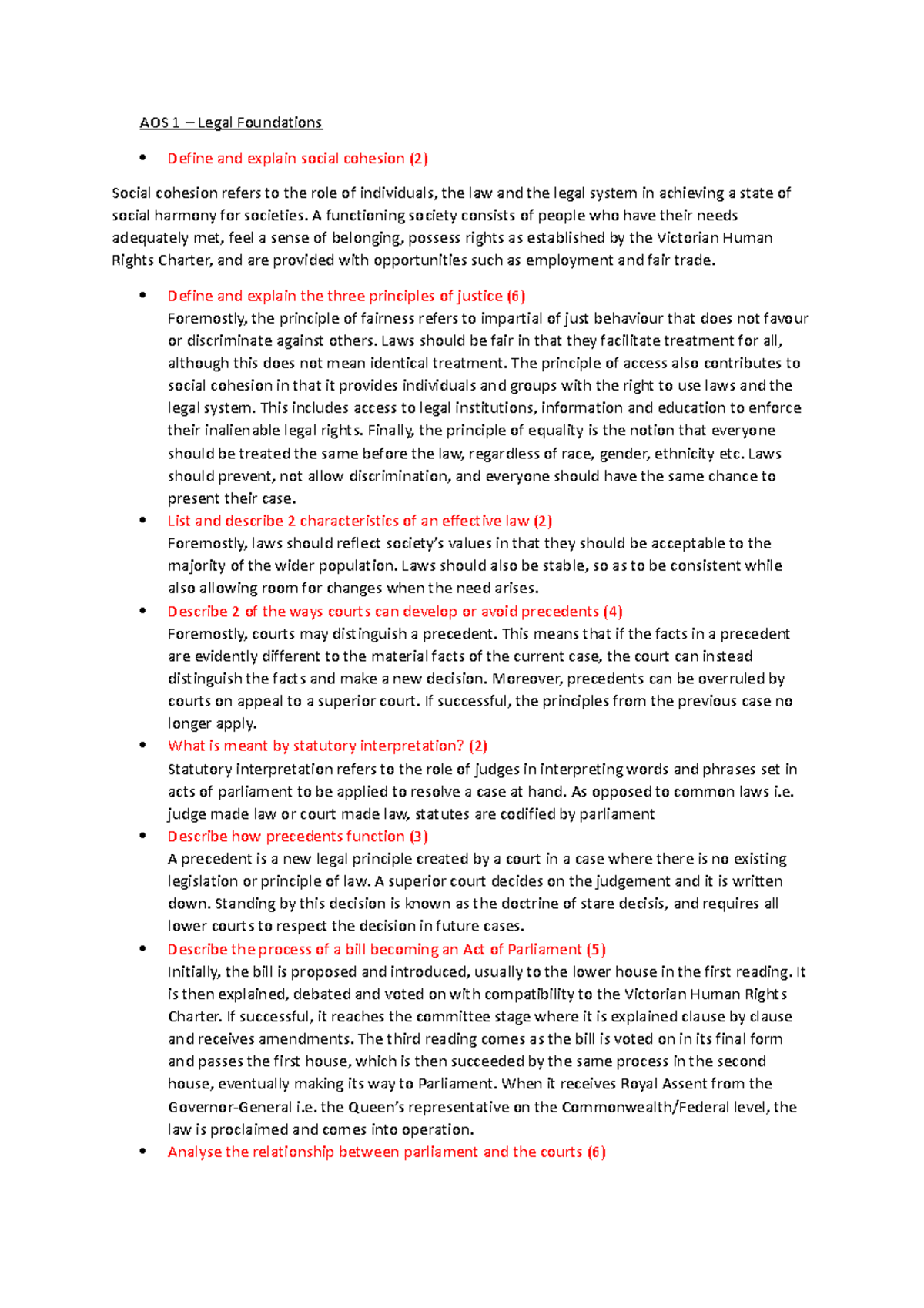 Unit 1 Legal Studies Exam questions n/a AOS 1 Legal Foundations