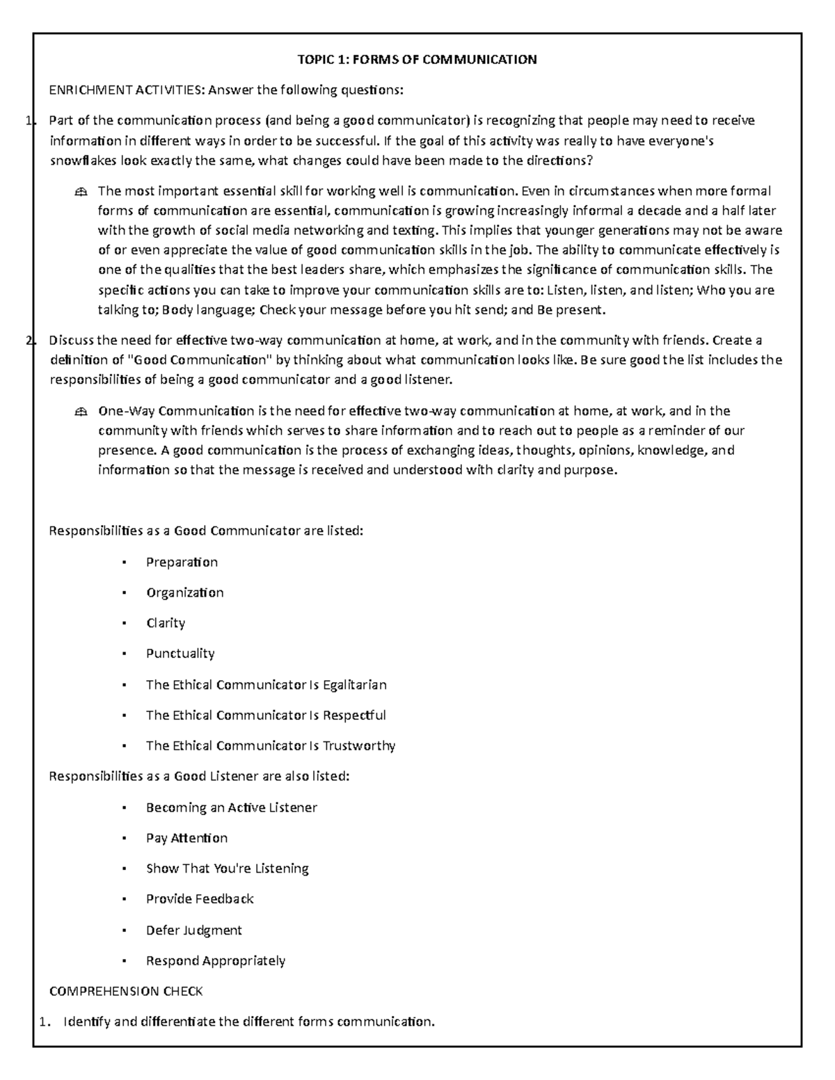 Forms of communication - Questions and answer - TOPIC 1: FORMS OF ...