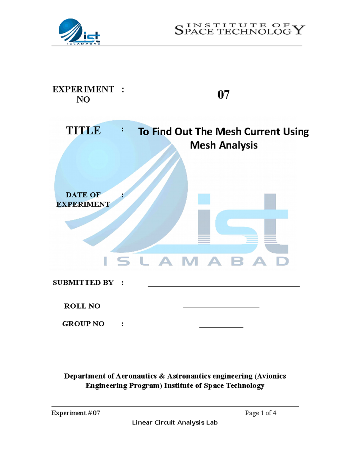 Lab07 m ESH analysis Lab Manuals EXPERIMENT NO 07 TITLE To Find Out The Mesh Current