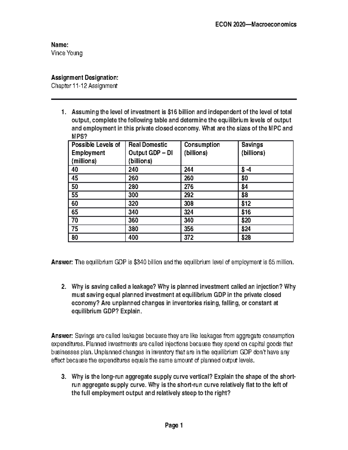 Chapter 11-12 Written Assignment - ECON 2020—Macroeconomics Name: Vince ...