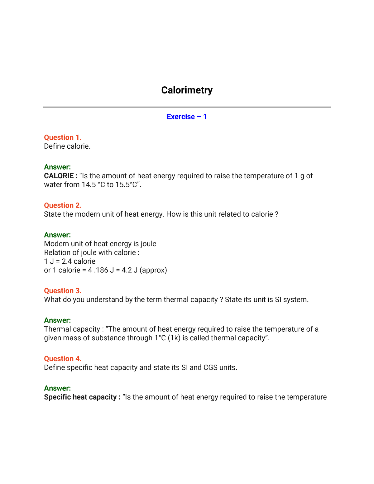 Calorimetry notes ncertbooksolutions Calorimetry Exercise 1