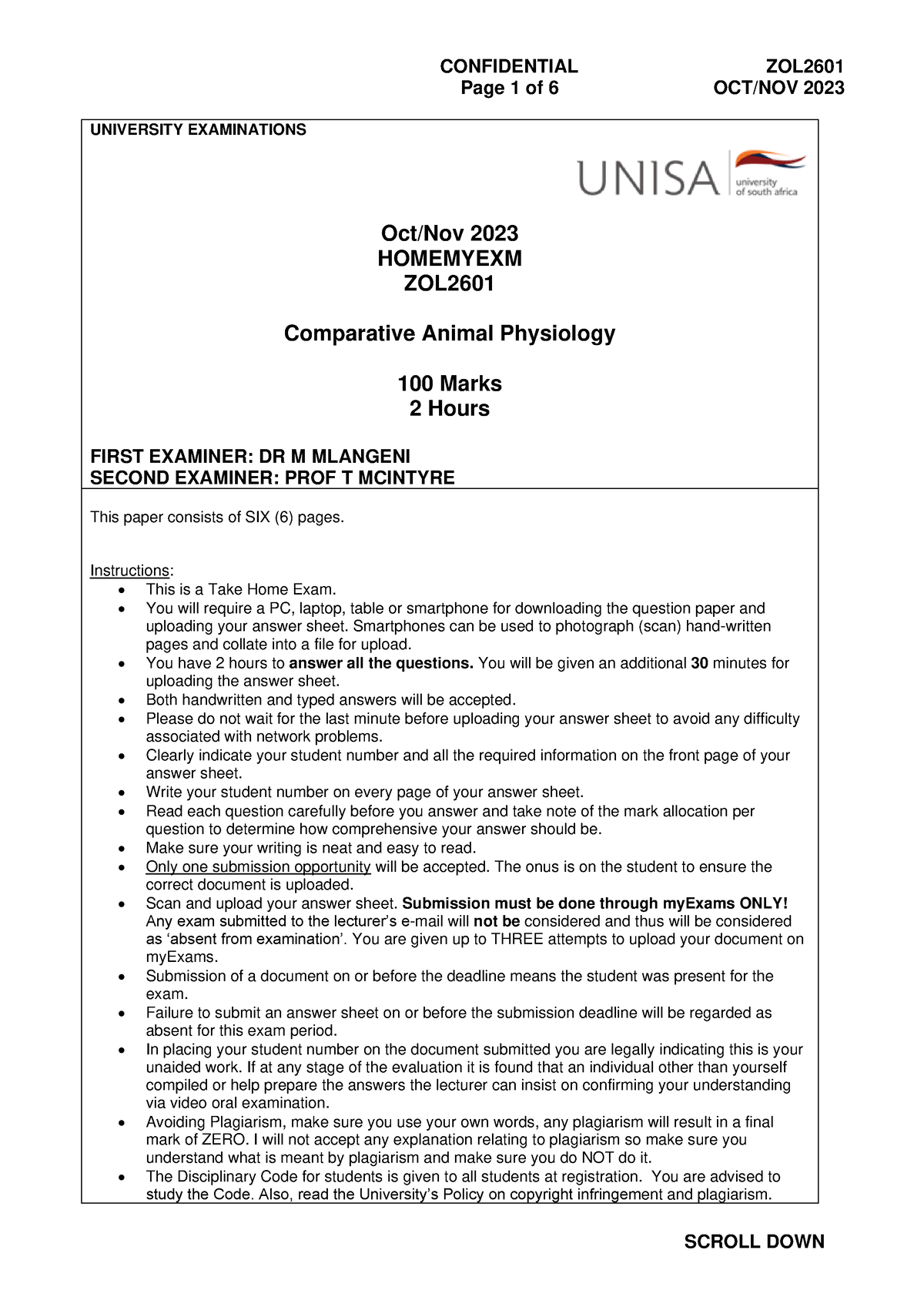 ZOL2601 Octnov 2023 EXAM - Page 1 Of 6 OCT/NOV 2023 UNIVERSITY ...