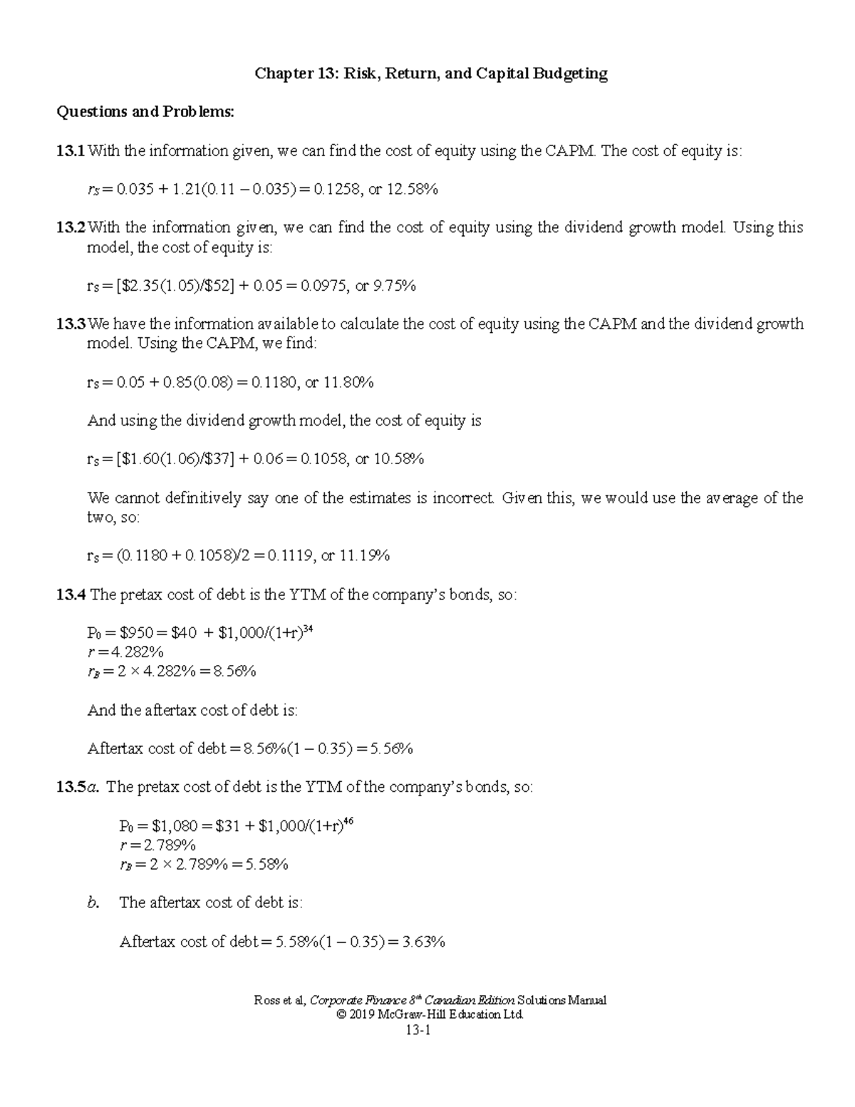Ross CF 8ce SM Ch13 - solutions for Financial controllership 8th ...