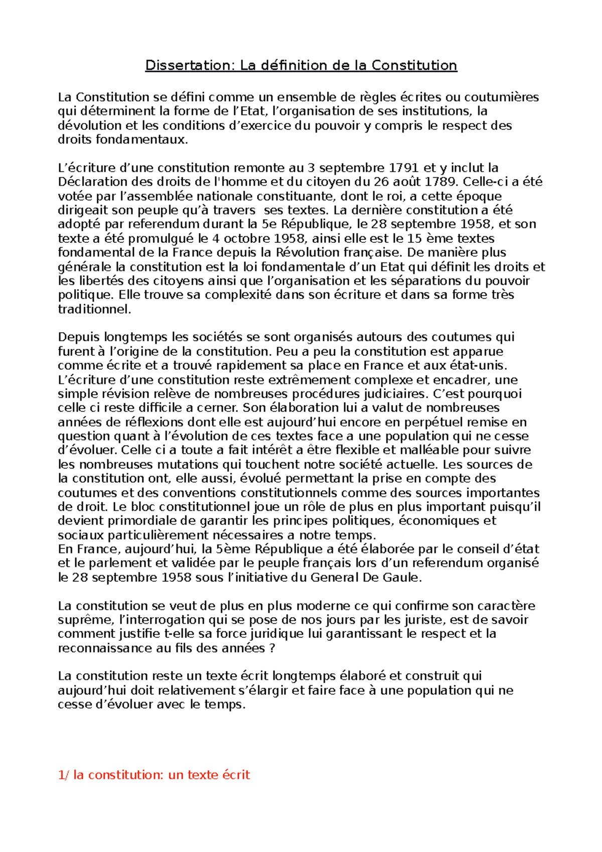 L évolution Du Conseil Constitutionnel Depuis 1958 Dissertation Dissertation: definition de la const - Dissertation : La de ́ finition de  la Constitution La - Studocu