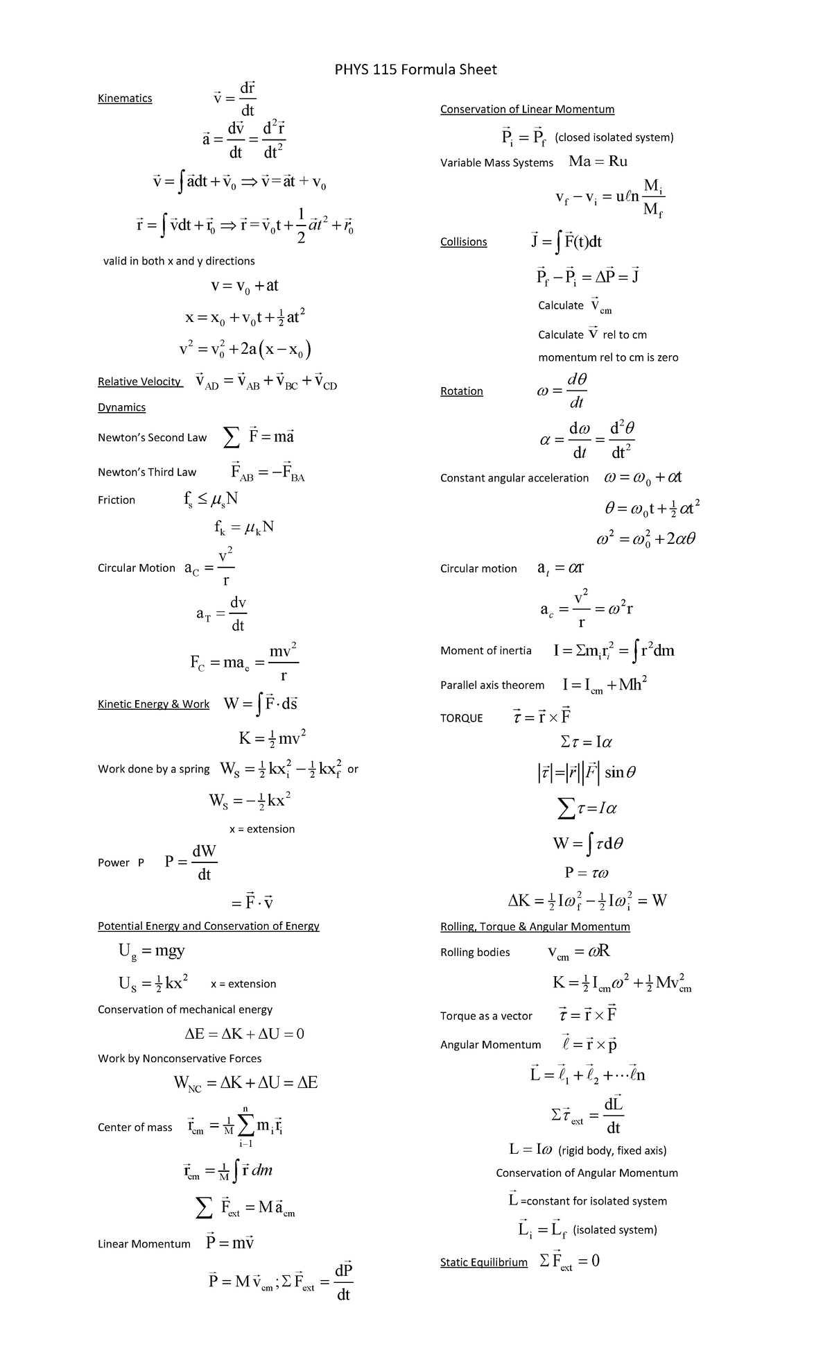 2023.09 Formula Sheet PHYS115 - PHYS 115 Formula Sheet Kinematics valid ...