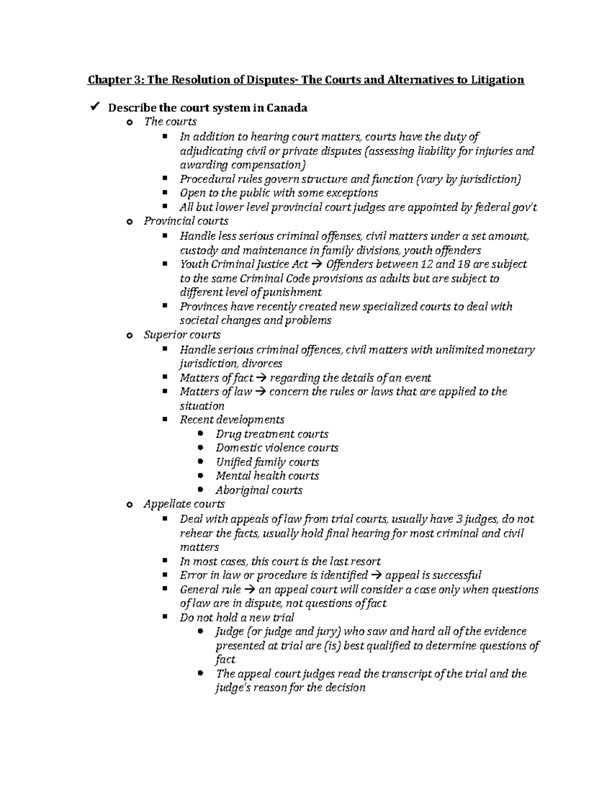 Chapter 3 - Textbook Notes - Chapter 3: The Resolution of Disputes- The ...
