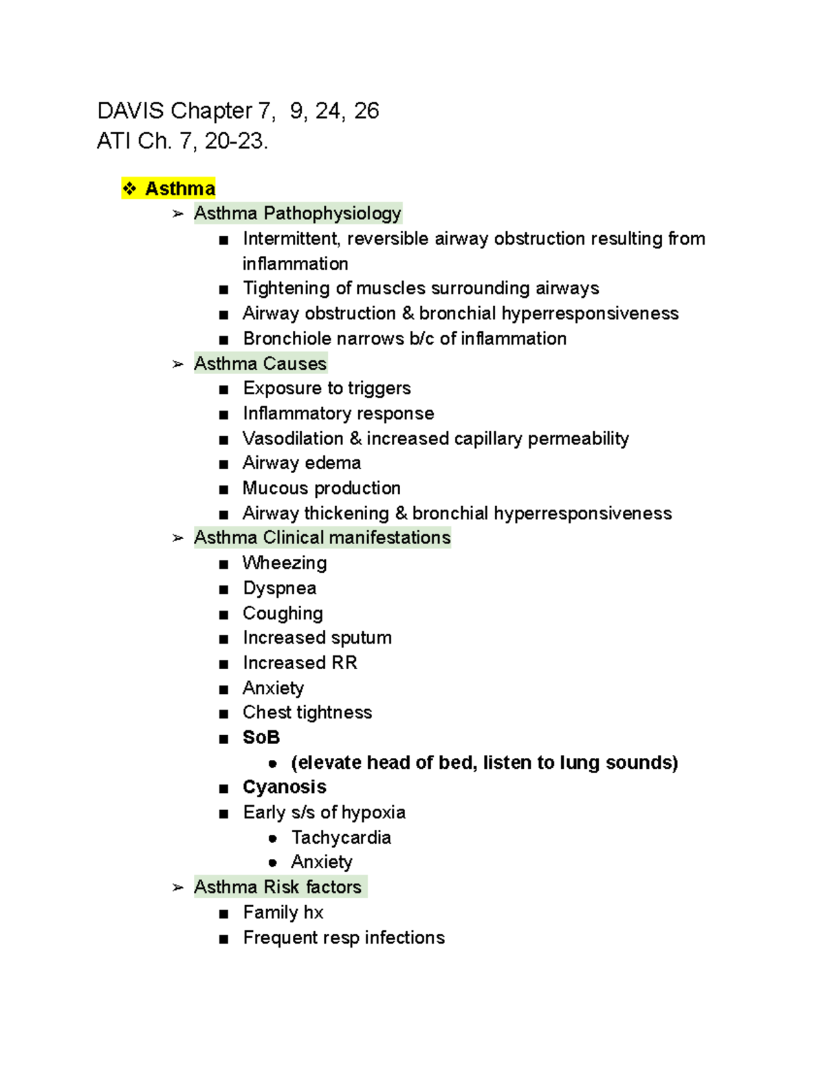 MED SURG EXAM 3 n/a DAVIS Chapter 7, 9, 24, 26 ATI Ch. 7, 2023. Asthma Asthma Studocu