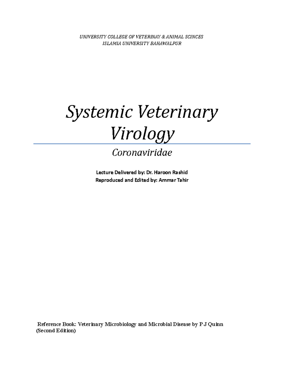 Systemic Veterinary Virology 14 UNIVERSITY COLLEGE OF VETERINAY & ANIMAL SCINCES ISLAMIA Studocu