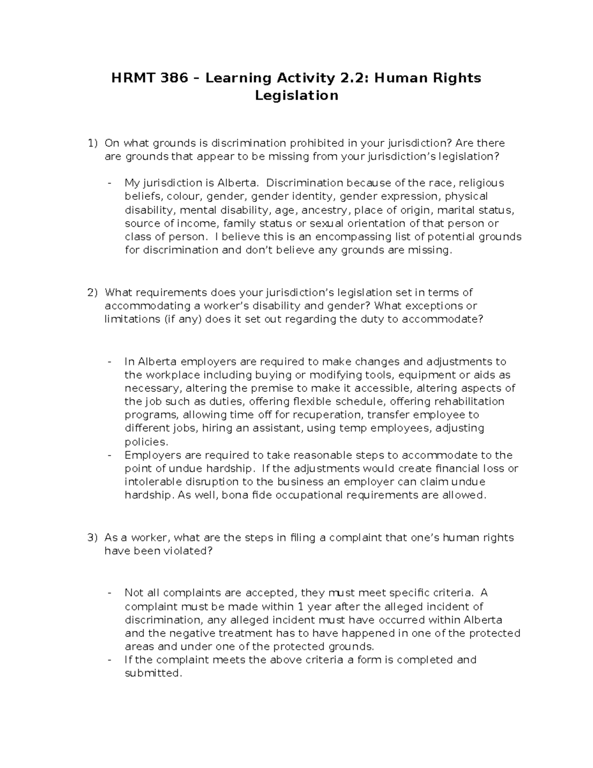 Learning Activity 2.2 Human Rights Legislation - HRMT 386 – Learning ...
