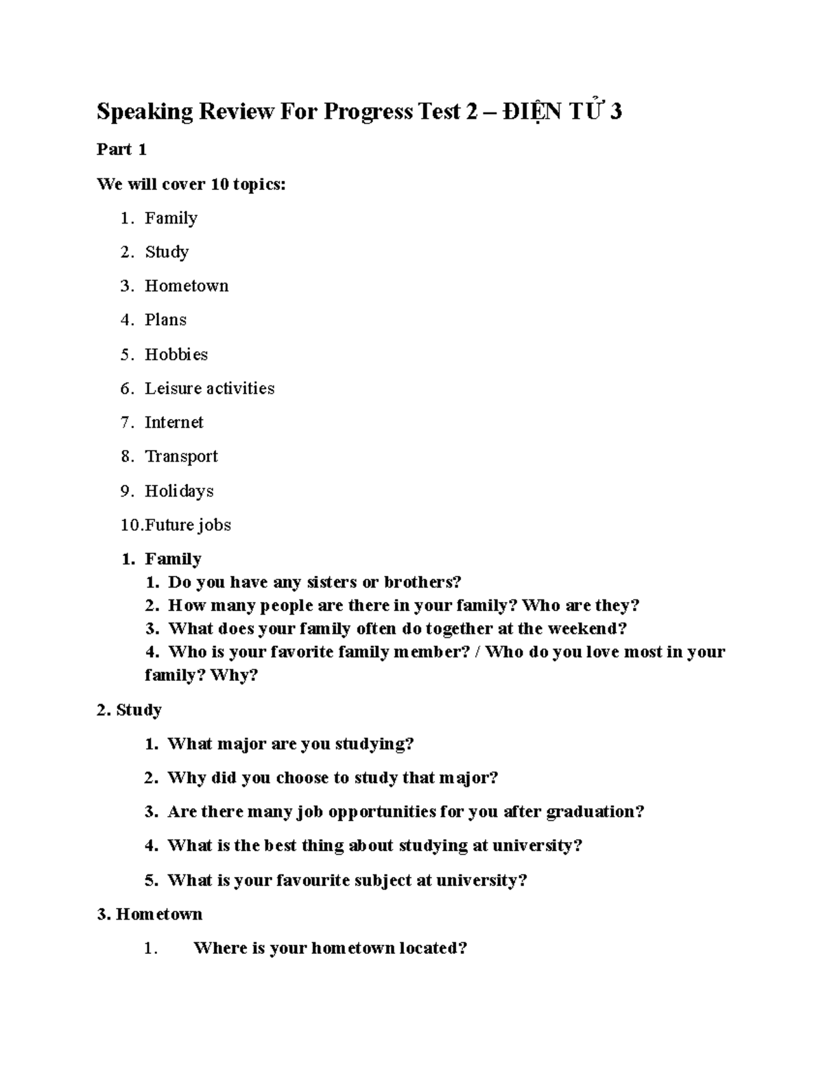 Speaking Review For Progress Test 2 - Family 2. Study 3. Hometown 4 ...
