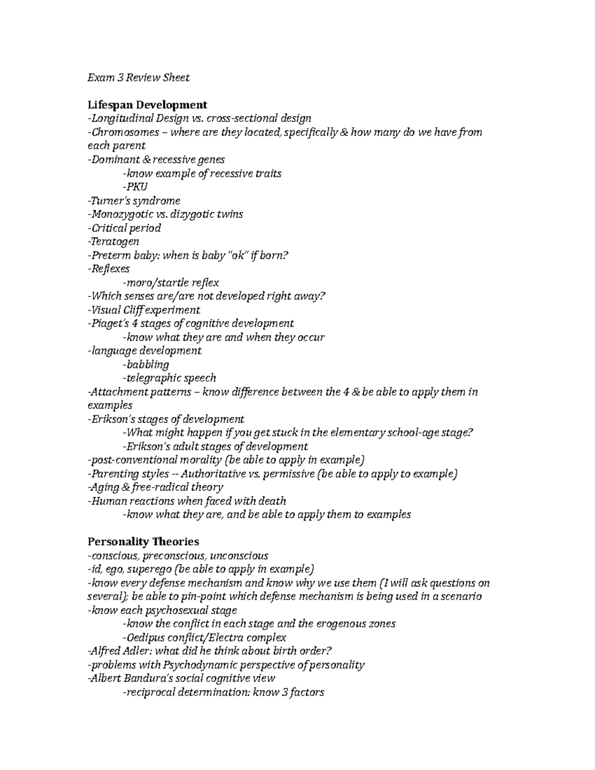 Psy101 exam 3 review - Exam 3 Review Sheet Lifespan Development Design ...