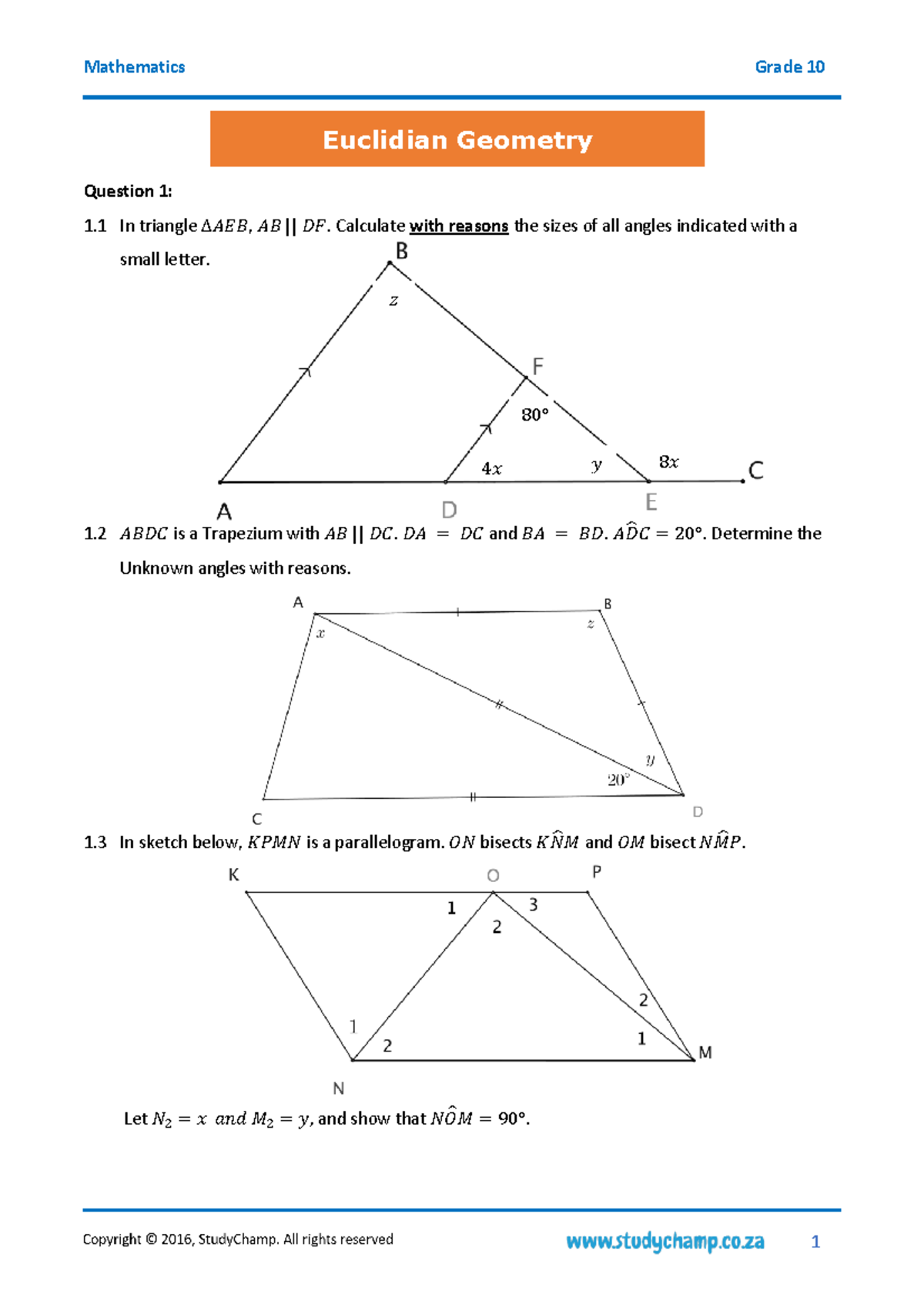Gr10 Maths Euclidian Geometry Worksheets + 2024-1-10 - Question 1: 1 In ...