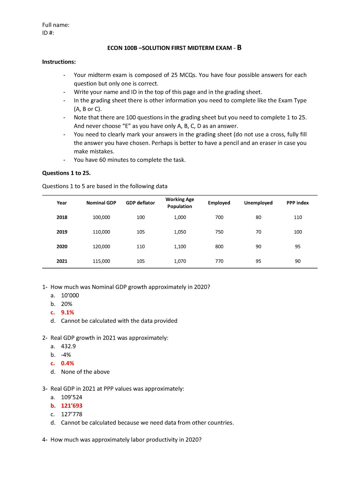 ECON 100B - Solution First Midterm Exam B - ID #: ECON 100B –SOLUTION ...