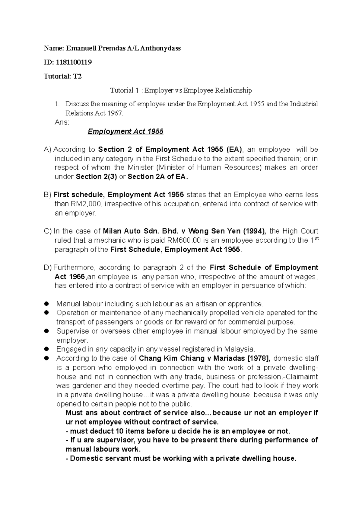 328580 Tutorial 1-emploer vs employee relationship - Name: Emanuell ...