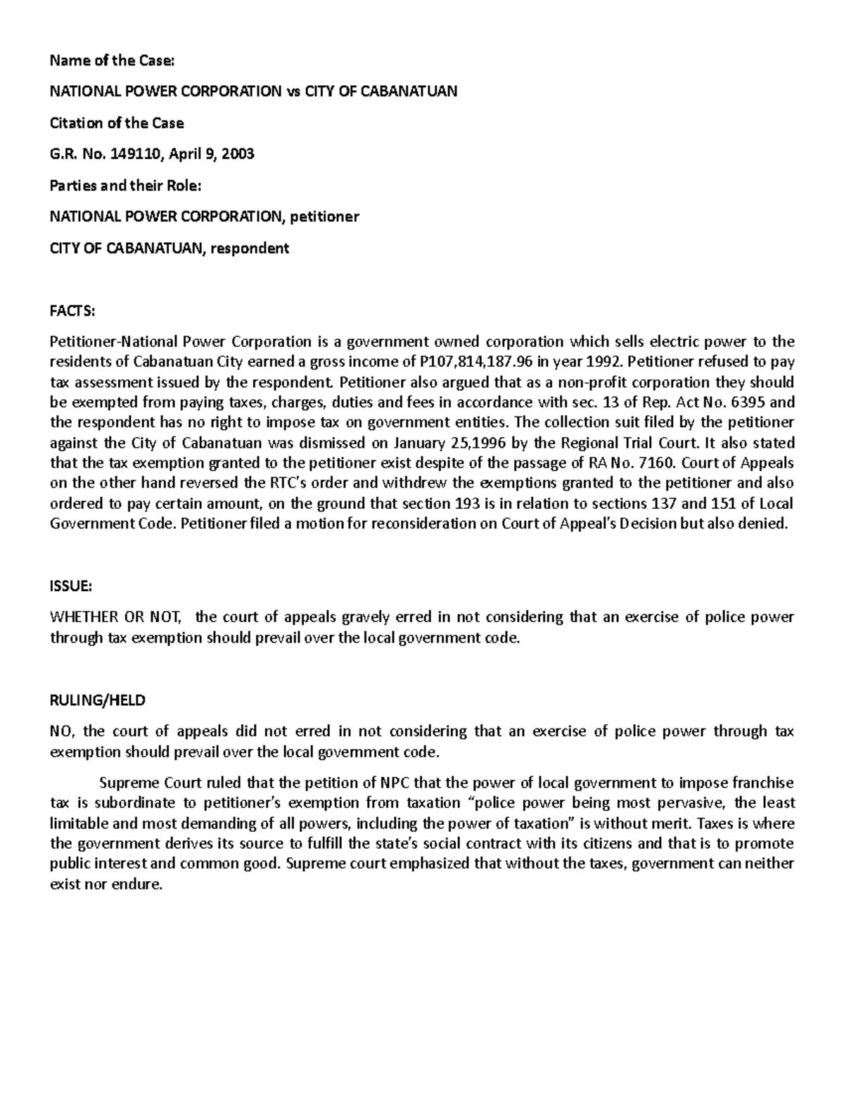 10 case digests - notes - Name of the Case: NATIONAL POWER CORPORATION ...