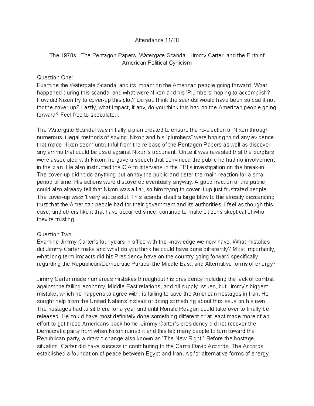 Attendance 11 30 Attendance 11/ The 1970s The Pentagon Papers