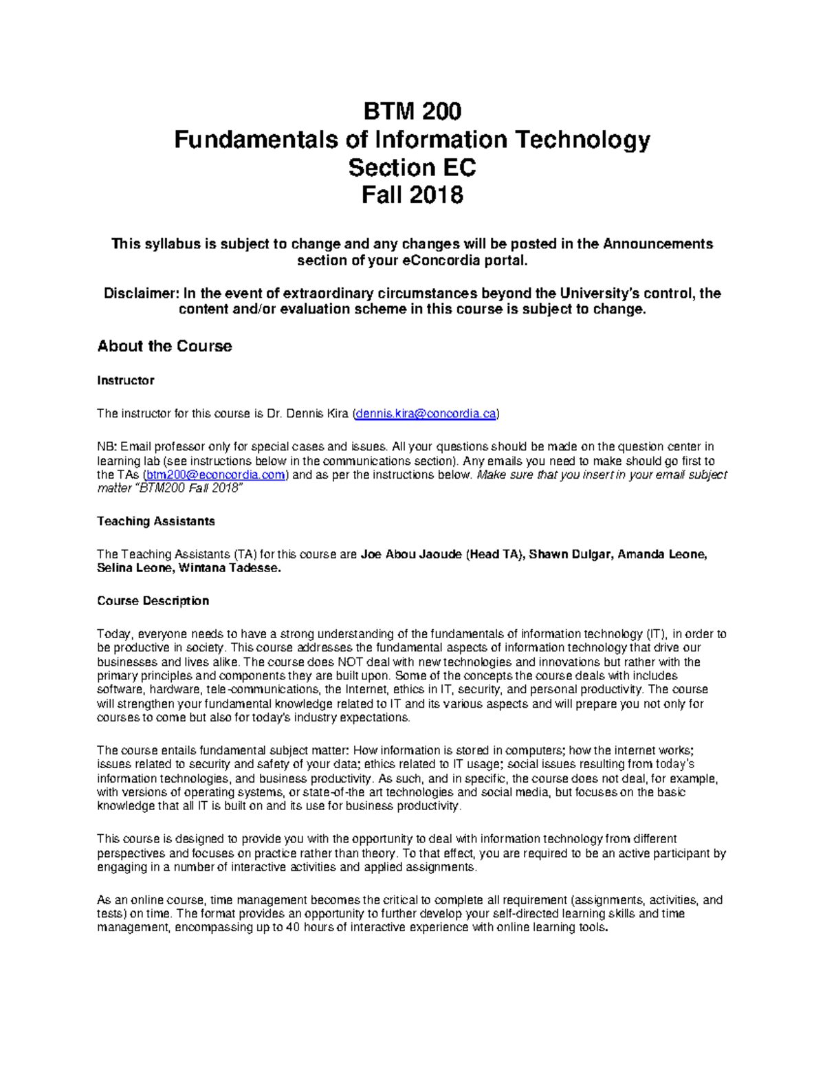 BTM outline - BTM 200 Fundamentals of Information Technology Section EC ...